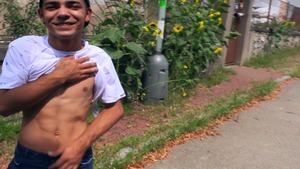 taut guy with dyed hair gets poked outdoors